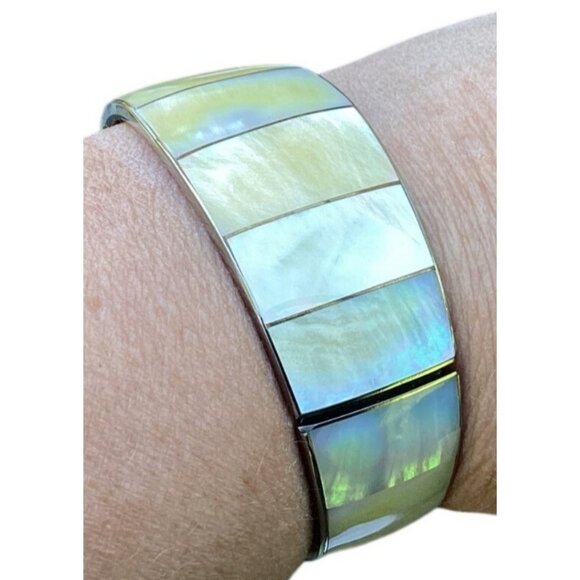 Unbranded Jewelry - Handmade Silver Tone Cuff Bracelet with Champagne Mother of Pearl Inlay